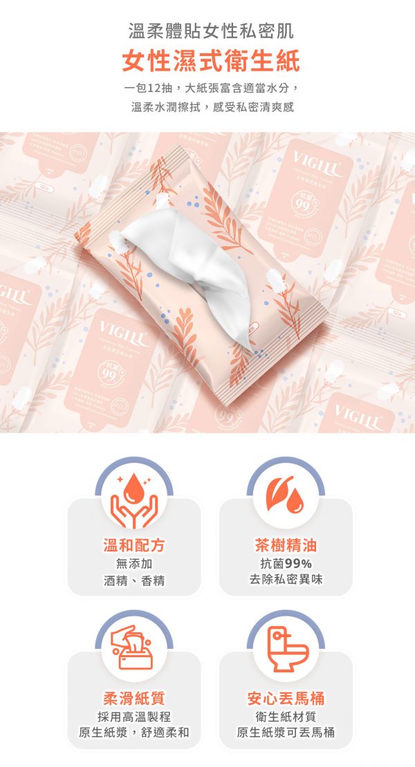 Vigill 婦潔 女性濕式衛生紙 (孖裝共 24 片) - pH 弱酸配方、可沖入馬桶、生理期必備